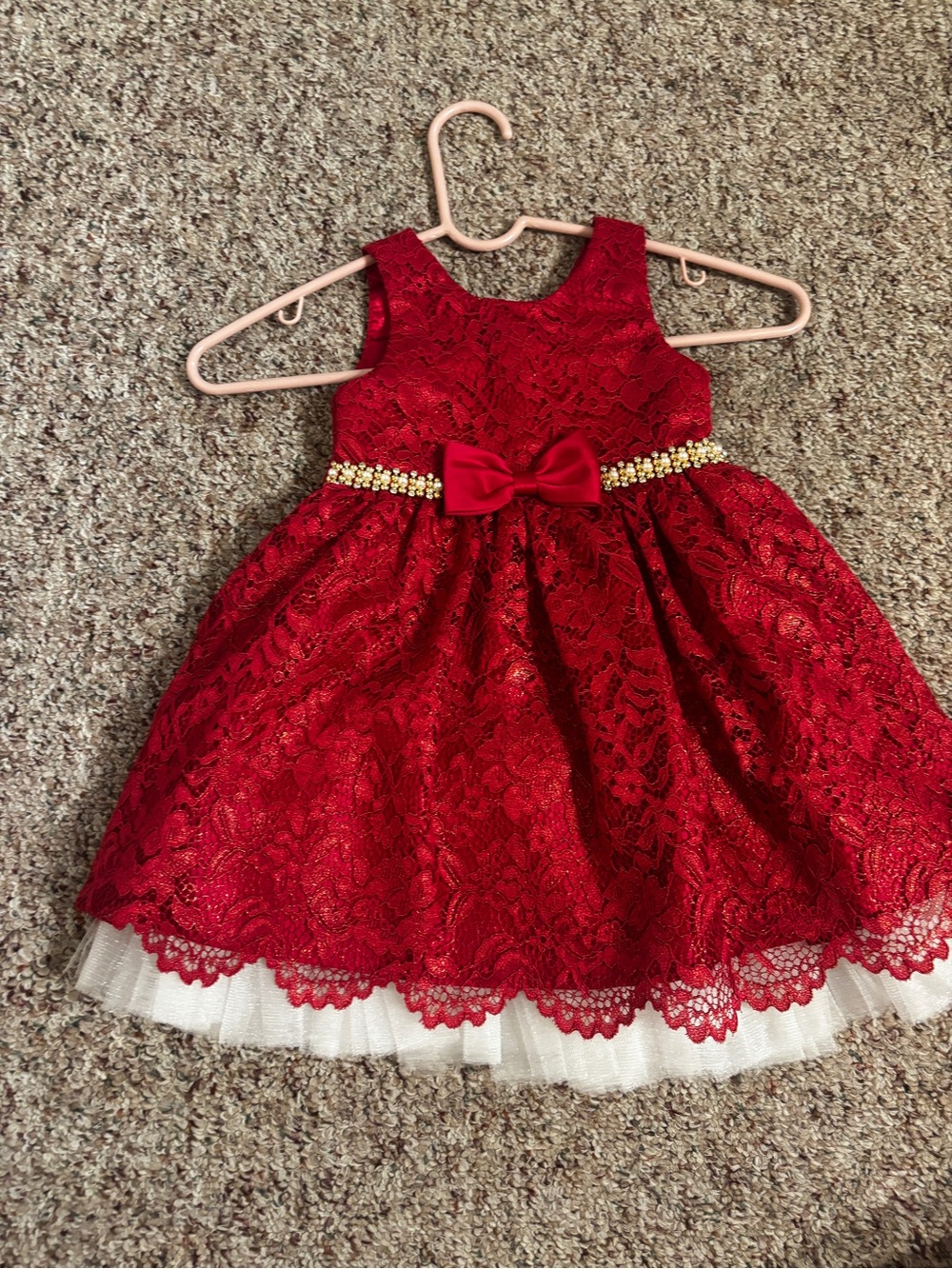 Red Lace Embellished Girls' Holiday Party Dress
